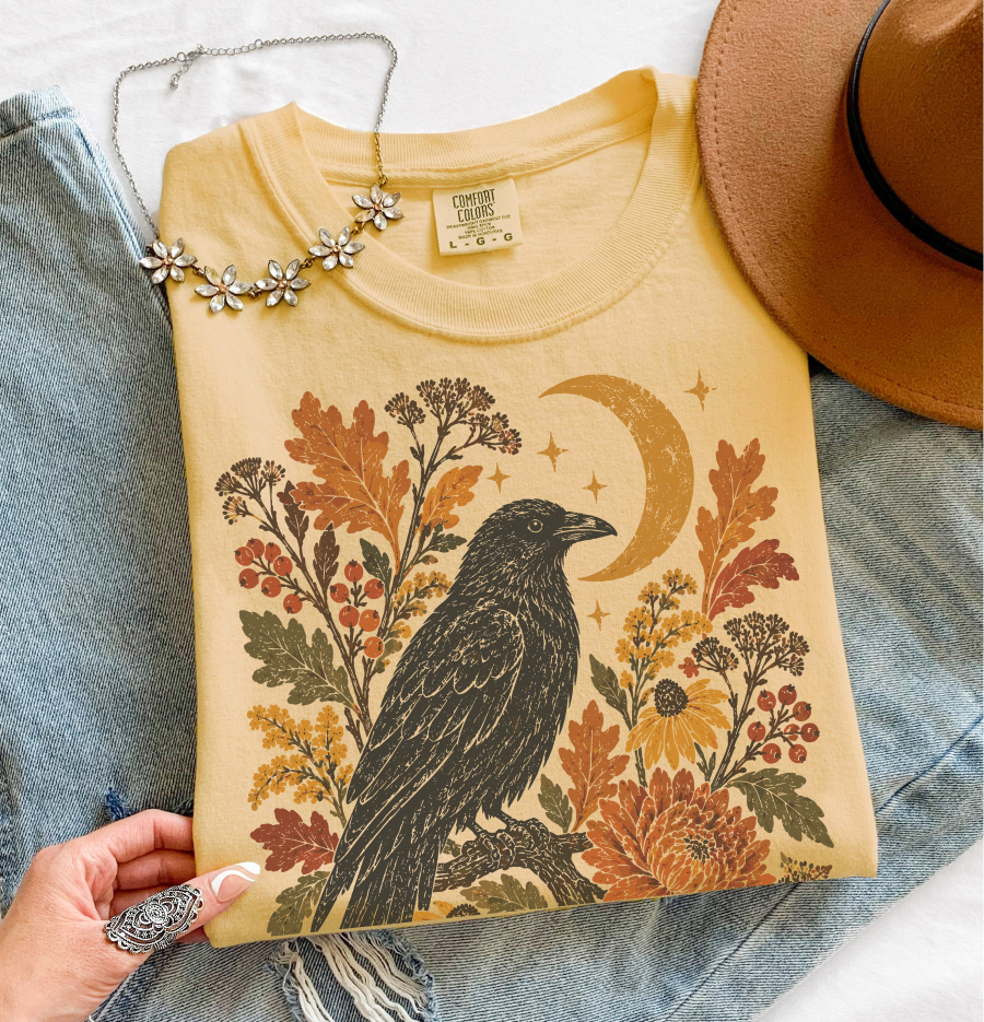 Crow T-Shirt, Autumn Floral Graphic Tee