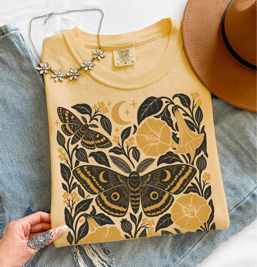 Vintage Moth Shirt, Retro Botanical Flower Tee, Cottagecore Nature, Comfort Colors Tee