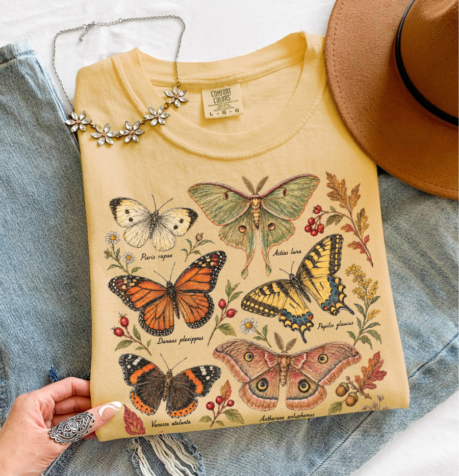 Vintage Botanical Butterfly T-Shirt, Autumn Floral Nature Tee