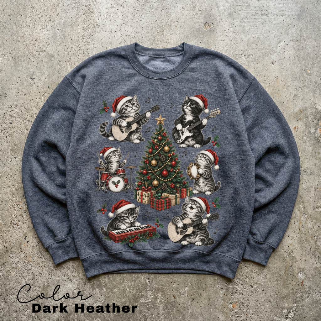 Christmas Cat Sweatshirt, Holiday Cat Crewneck, Cute Cat Music Sweater