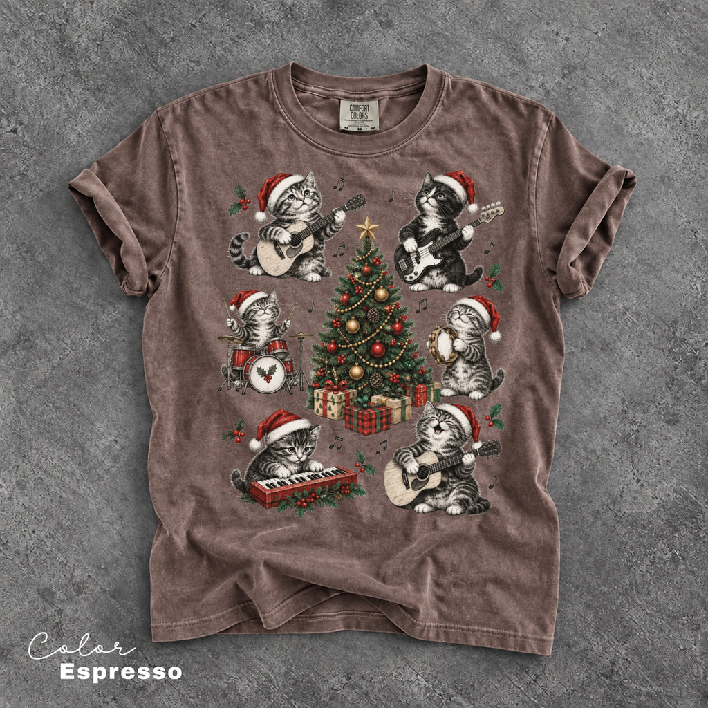 Christmas Cat Music Shirt, Cat Rock Shirt, Christmas Tree Shirt