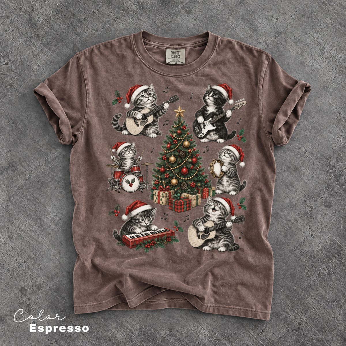 Christmas Cat Music Shirt, Cat Rock Shirt, Christmas Tree Shirt