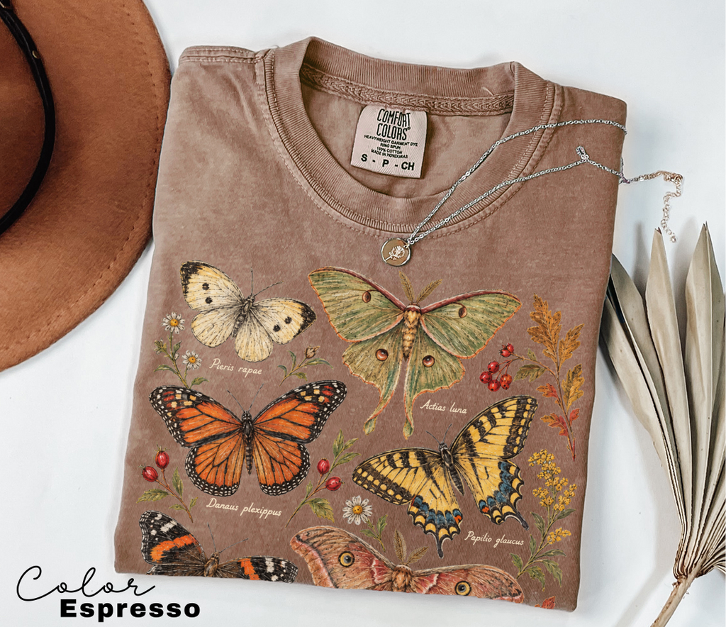 Vintage Botanical Butterfly T-Shirt, Autumn Floral Nature Tee