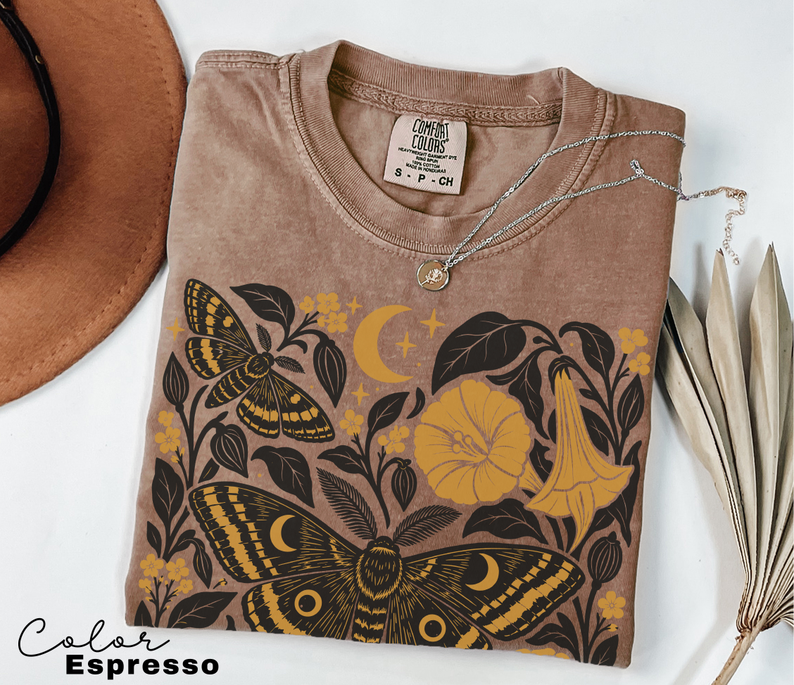 Vintage Moth Shirt, Retro Botanical Flower Tee, Cottagecore Nature, Comfort Colors Tee