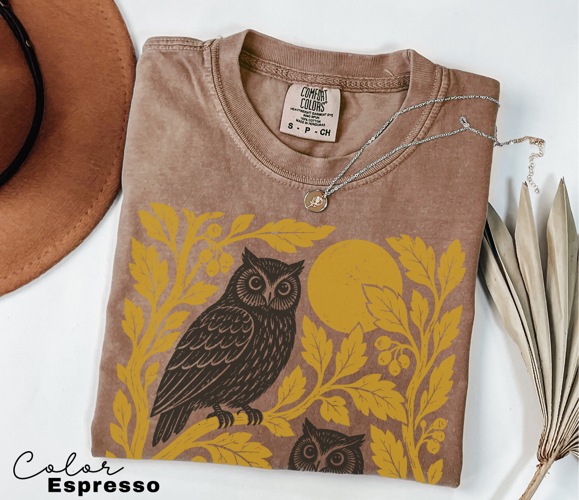 Vintage Owl T-Shirt, Owl Nature Graphic Tee, Botanical Shirt, Comfort Colors Tee