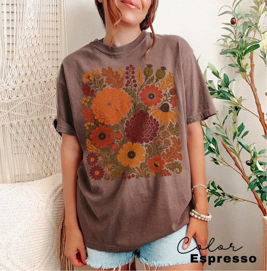 Fall Floral T-Shirt, Comfort Colors Tee, Botanical Art Shirt, Boho Cottagecore Shirt