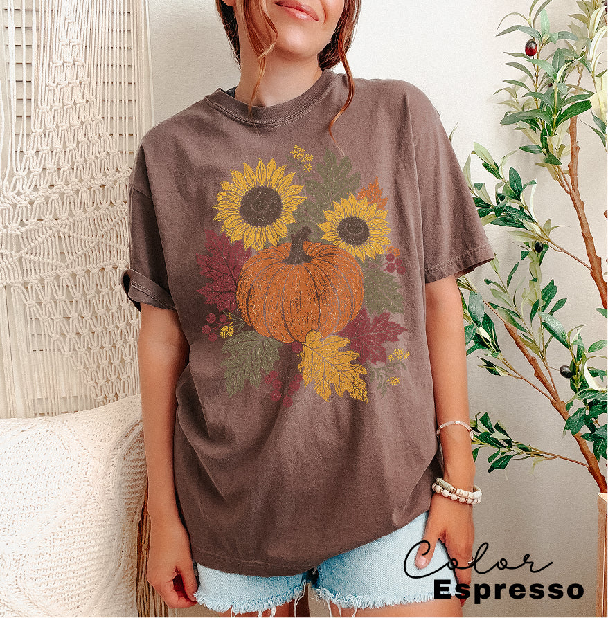 Fall Pumpkin Floral T-Shirt, Comfort Colors Tee, Botanical Autumn Shirt, Boho Cottagecore Tee