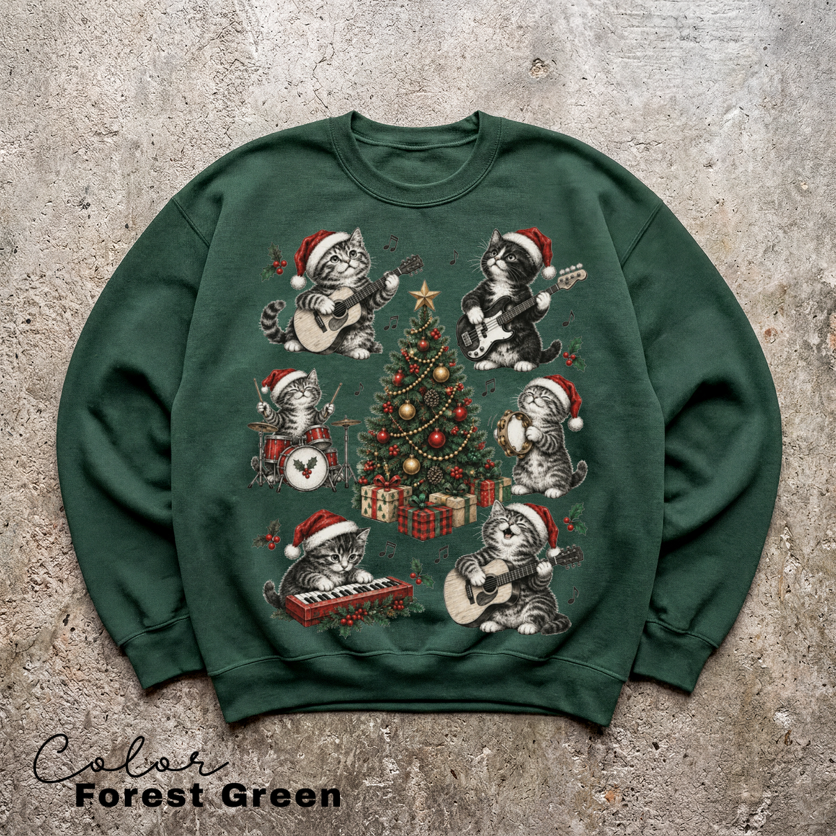 Christmas Cat Sweatshirt, Holiday Cat Crewneck, Cute Cat Music Sweater