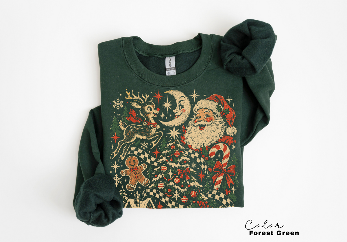 Retro Christmas Sweatshirt, Vintage Holiday Crewneck, Festive Santa and Reindeer Design