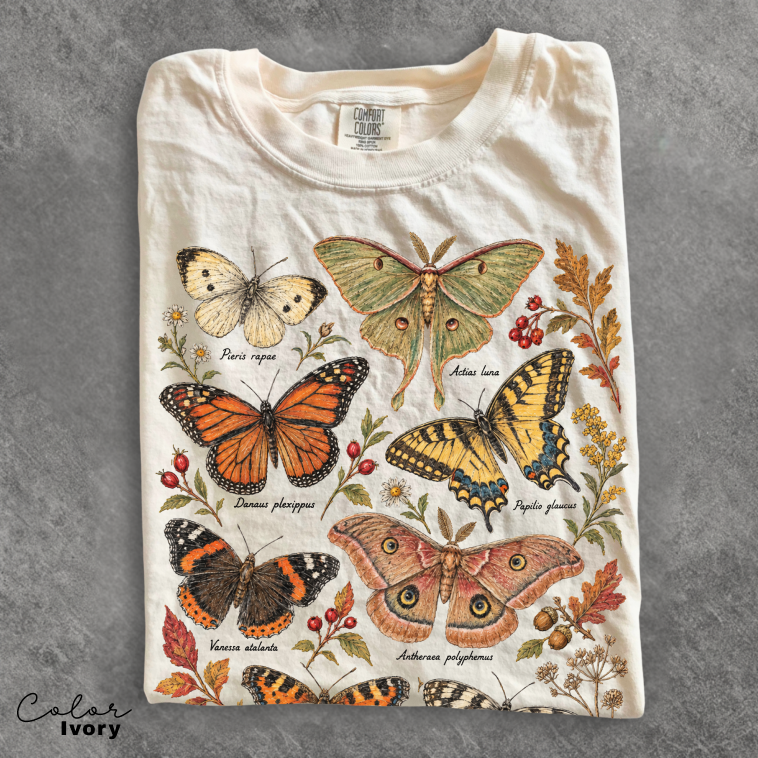 Vintage Botanical Butterfly T-Shirt, Autumn Floral Nature Tee