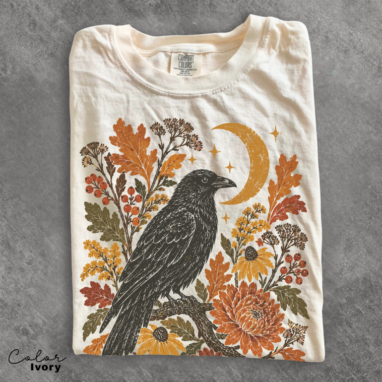 Crow T-Shirt, Autumn Floral Graphic Tee