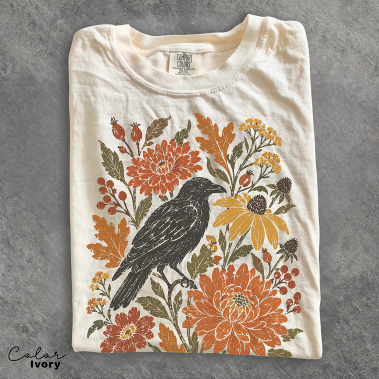 Crow Fall T-Shirt, Fall Floral Shirt, Autumn Botanical Tee