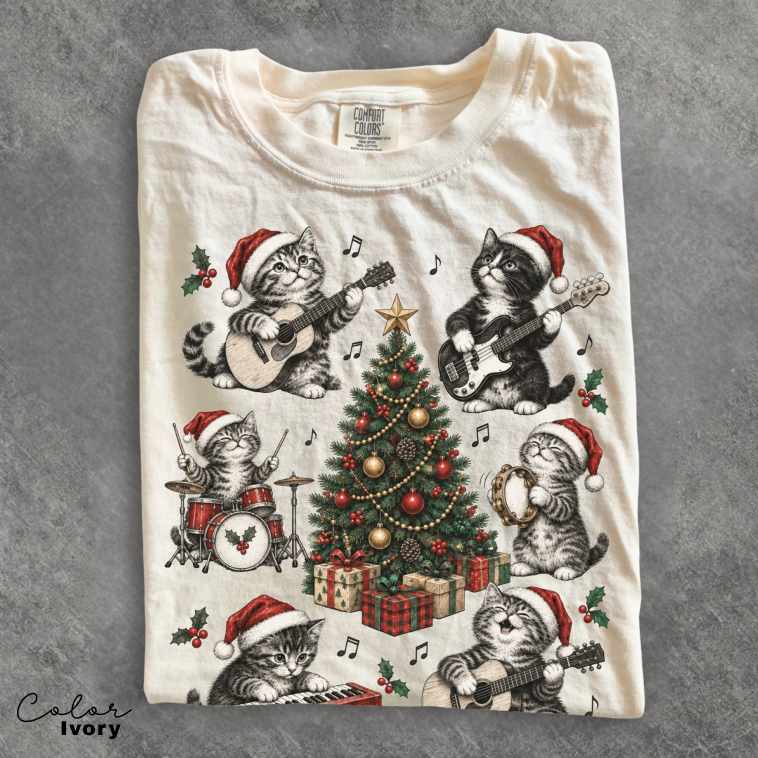 Christmas Cat Music Shirt, Cat Rock Shirt, Christmas Tree Shirt