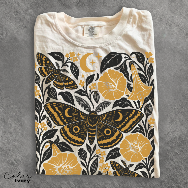 Vintage Moth Shirt, Retro Botanical Flower Tee, Cottagecore Nature, Comfort Colors Tee