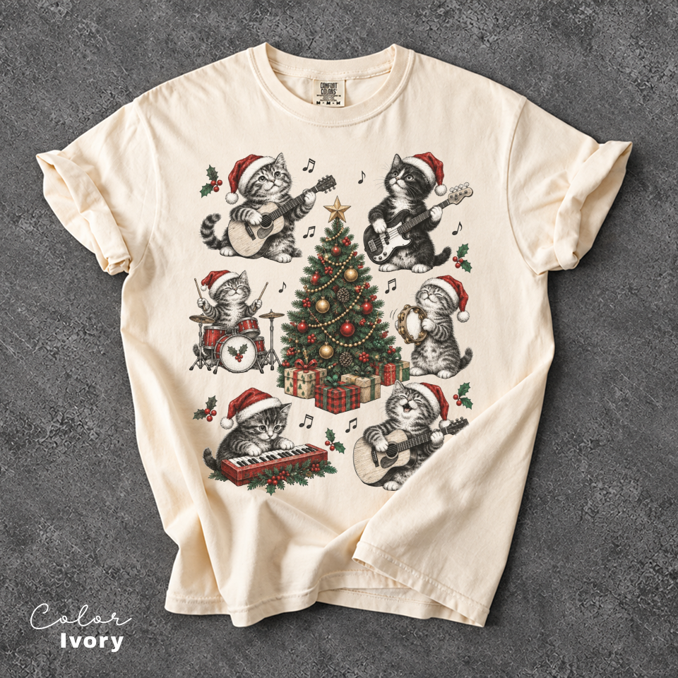 Christmas Cat Music Shirt, Cat Rock Shirt, Christmas Tree Shirt