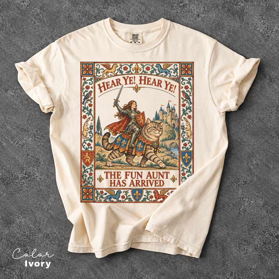 Funny Aunt Shirt, Medieval Knight With Cat Graphic Tee, Fantasy Meme Shirt
