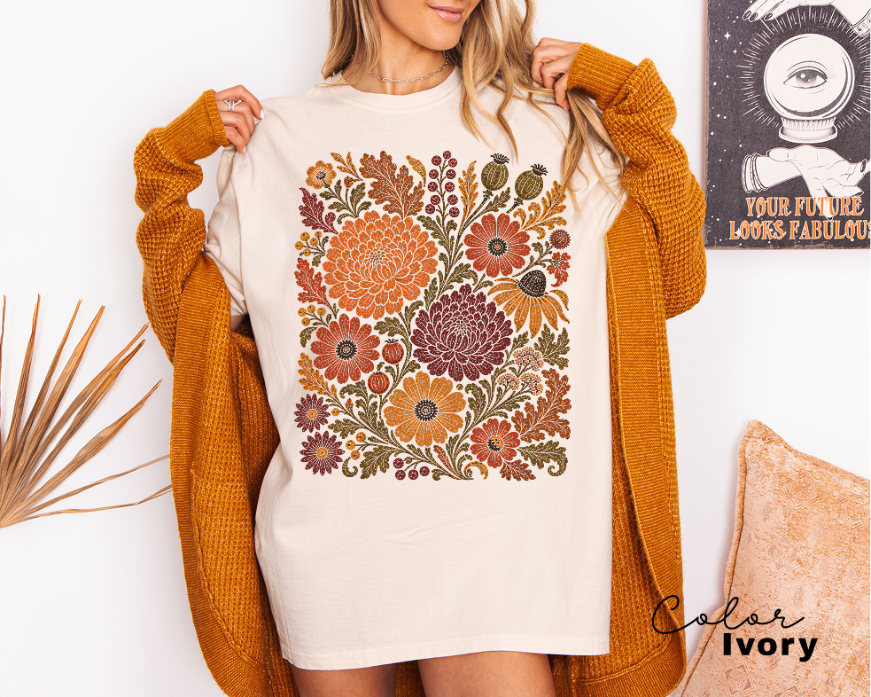 Fall Floral T-Shirt, Comfort Colors Tee, Botanical Art Shirt, Boho Cottagecore Shirt