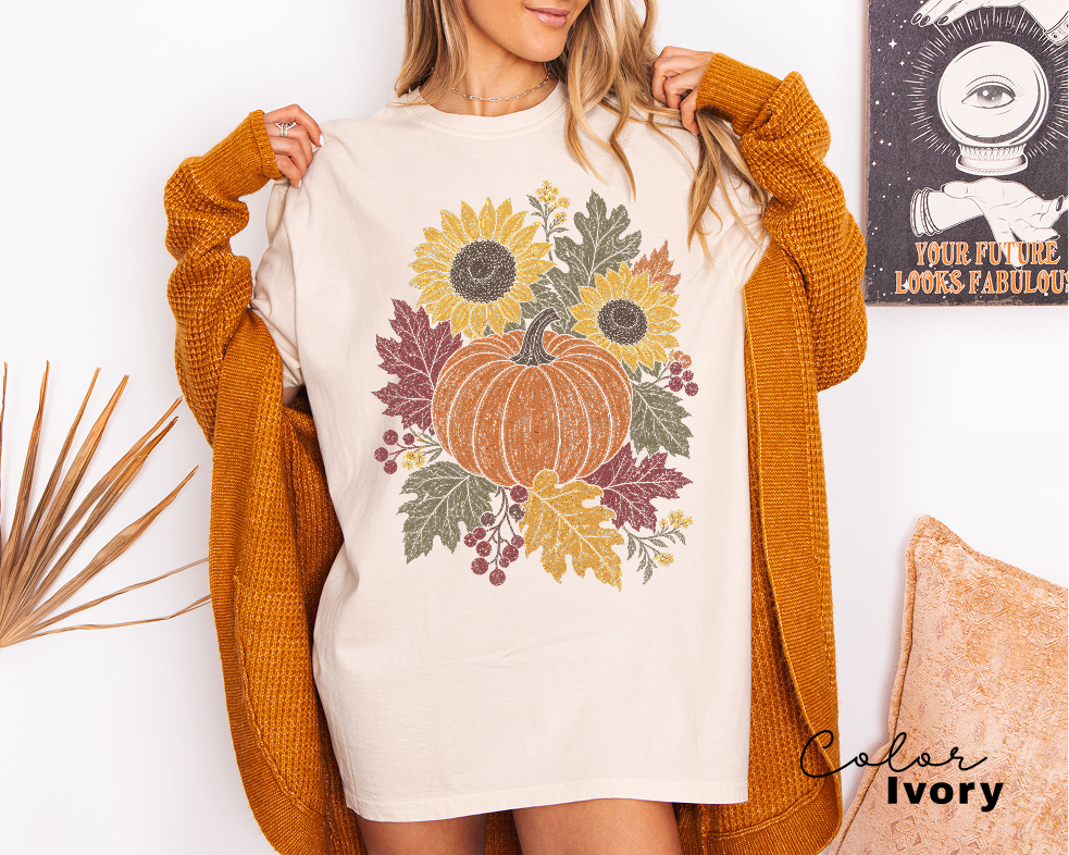 Fall Pumpkin Floral T-Shirt, Comfort Colors Tee, Botanical Autumn Shirt, Boho Cottagecore Tee