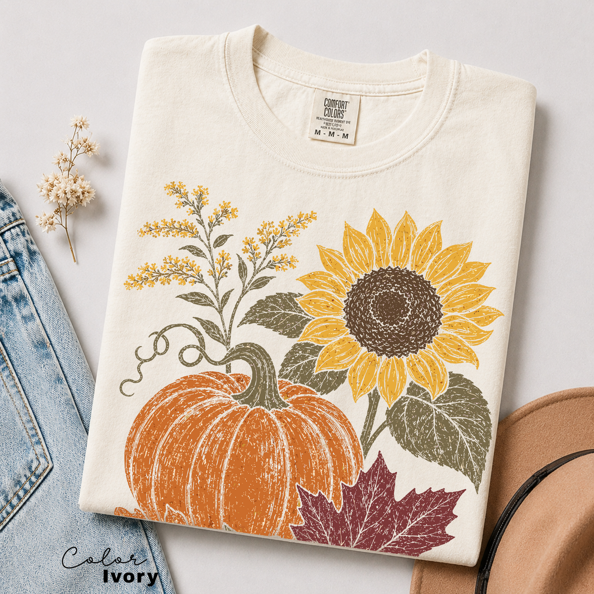 Boho Fall Floral Comfort Colors Shirt, Fall Floral Tshirt, Fall Pumpkin