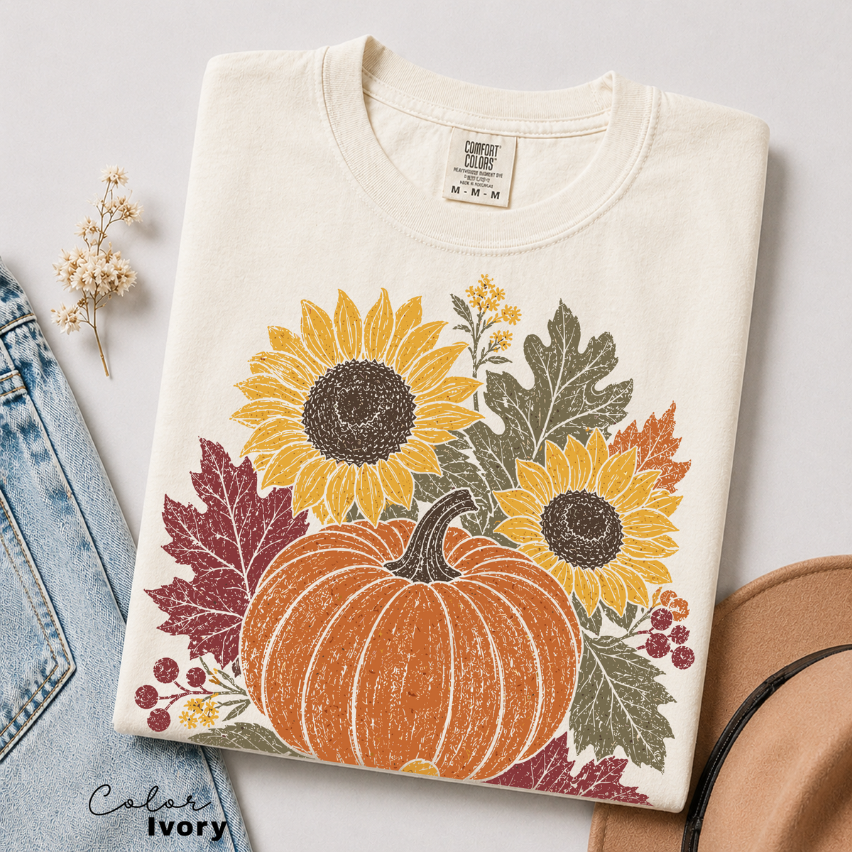 Fall Pumpkin Floral T-Shirt, Comfort Colors Tee, Botanical Autumn Shirt, Boho Cottagecore Tee