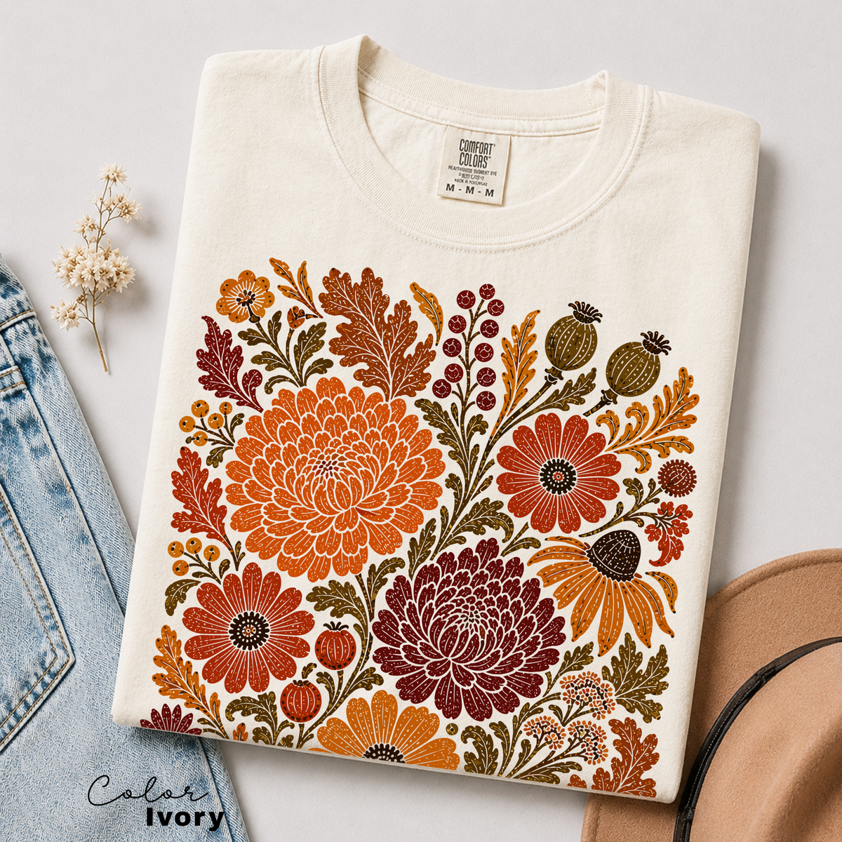 Fall Floral T-Shirt, Comfort Colors Tee, Botanical Art Shirt, Boho Cottagecore Shirt