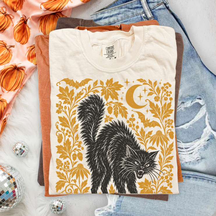 Black Cat Halloween Shirt, Witchy Graphic Tee, Fall Pumpkin T-Shirt, Vintage Spooky Season