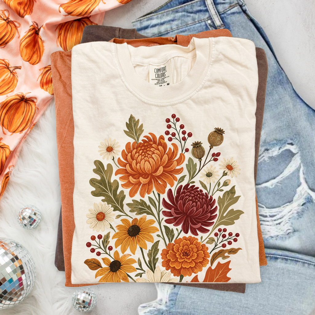 Fall Floral T-Shirt, Vintage Botanical Tee, Boho Fall Flowers
