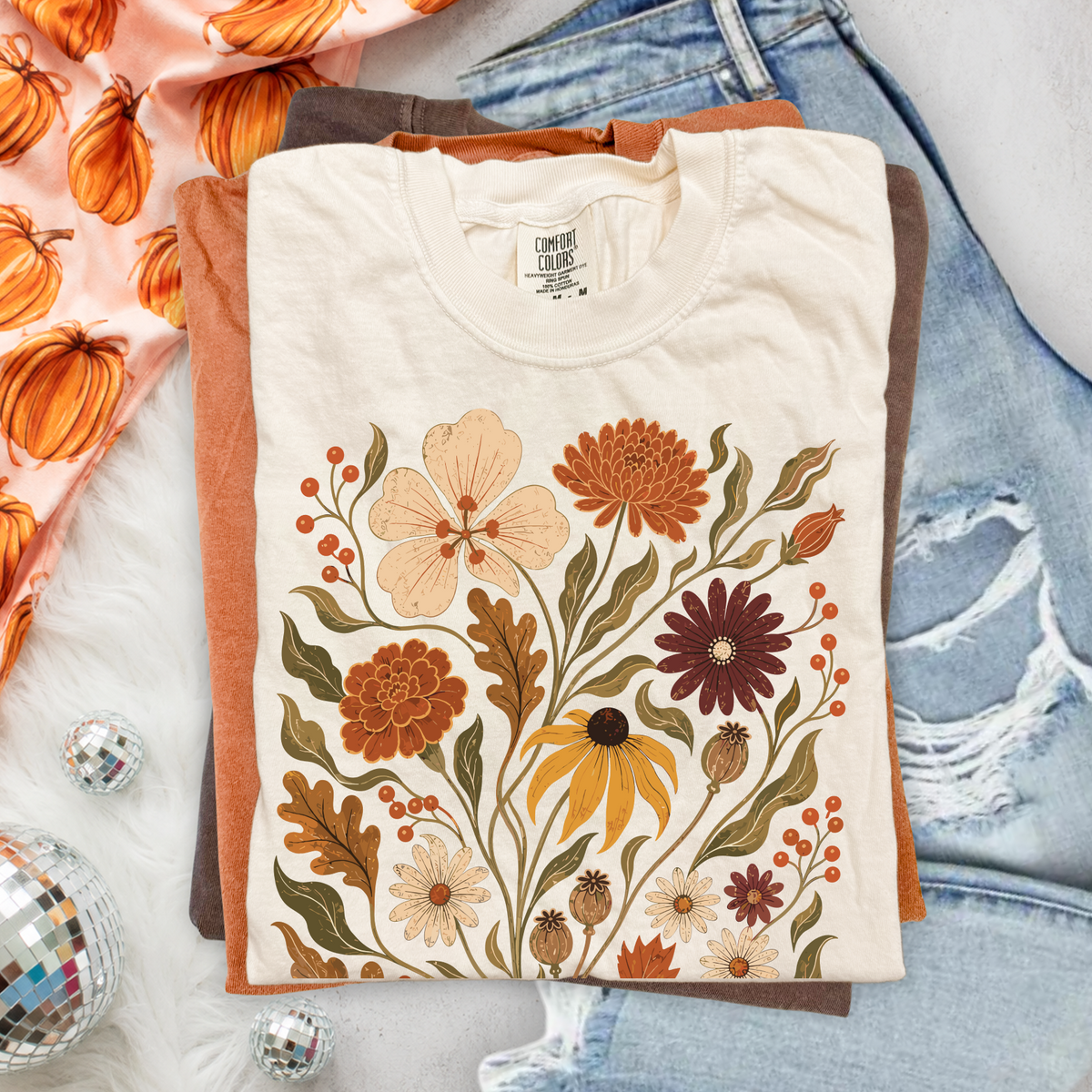 Fall Floral T-Shirt, Vintage Botanical Graphic Tee, Rustic Wildflower Shirt, Autumn Tee
