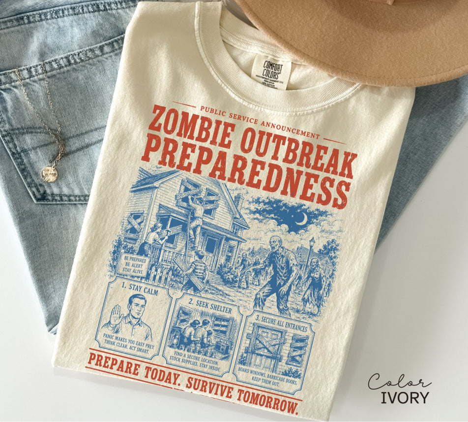 Zombie Outbreak Preparedness T-Shirt, Fake Halloween Public Service Announcement, Retro Halloween