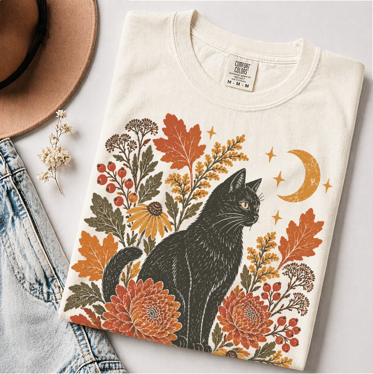 Black Cat Fall Shirt, Autumn Floral Graphic Tee