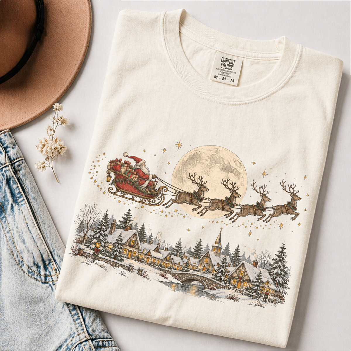 Vintage Christmas Shirt, Santa and Reindeer Tee, Comfort Colors Tee
