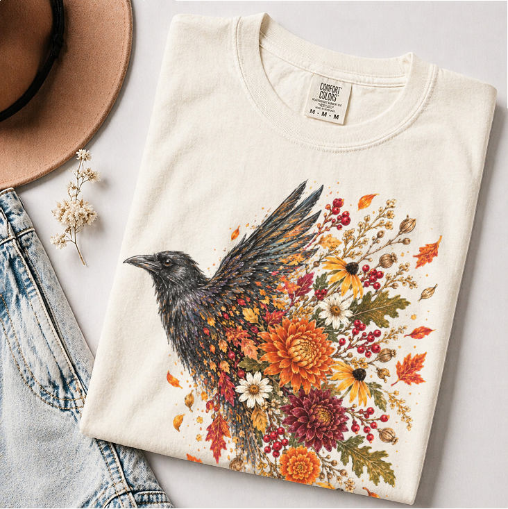 Crow Floral T-Shirt, Fall Flowers and Leaves Nature Shirt