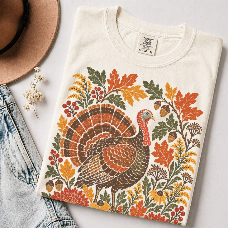 Thanksgiving Turkey T-Shirt, Fall Leaves and Flowers