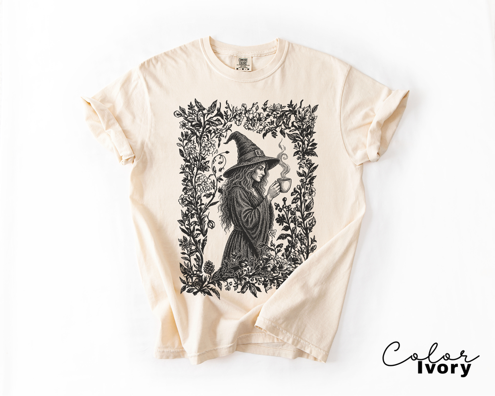 Witch Coffee Lover Shirt, Retro Vintage Floral Style Shirt, Comfort Colors Tee, Halloween
