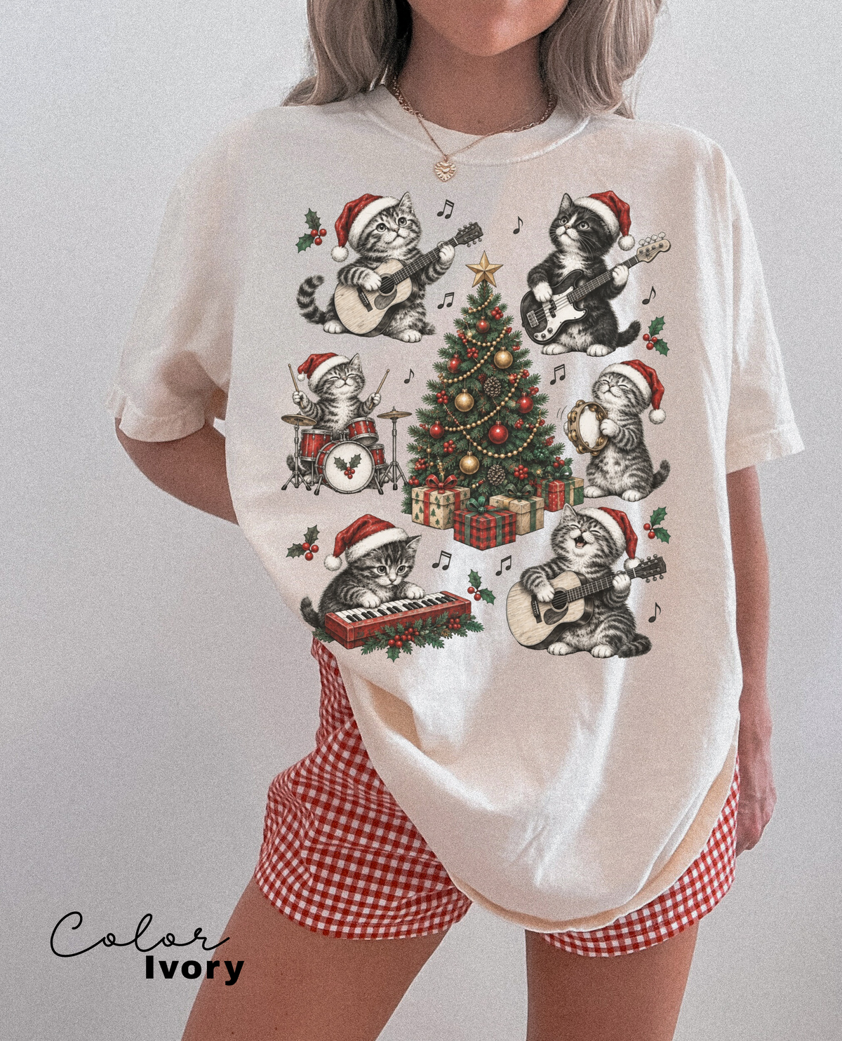 Christmas Cat Music Shirt, Cat Rock Shirt, Christmas Tree Shirt