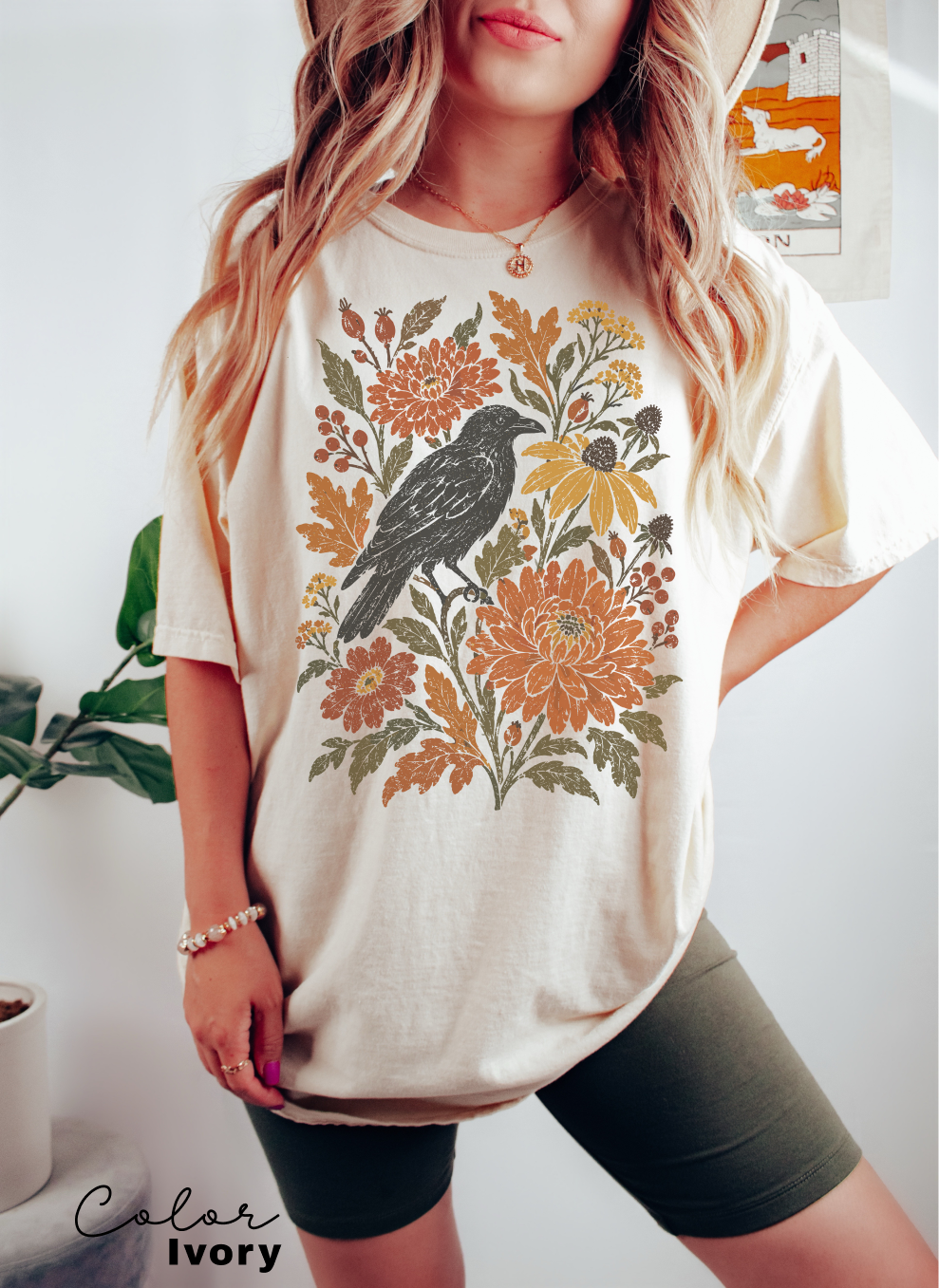 Crow Fall T-Shirt, Fall Floral Shirt, Autumn Botanical Tee