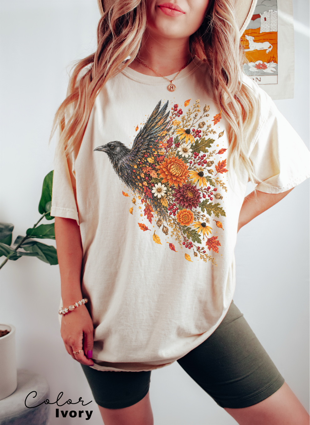 Crow Floral T-Shirt, Fall Flowers and Leaves Nature Shirt
