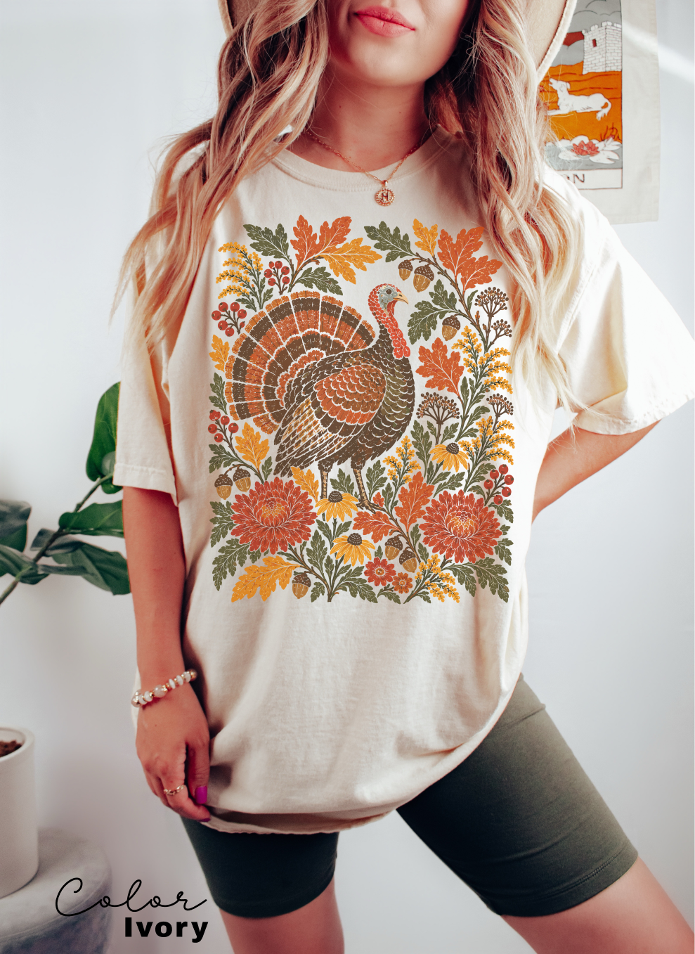 Thanksgiving Turkey T-Shirt, Fall Leaves and Flowers
