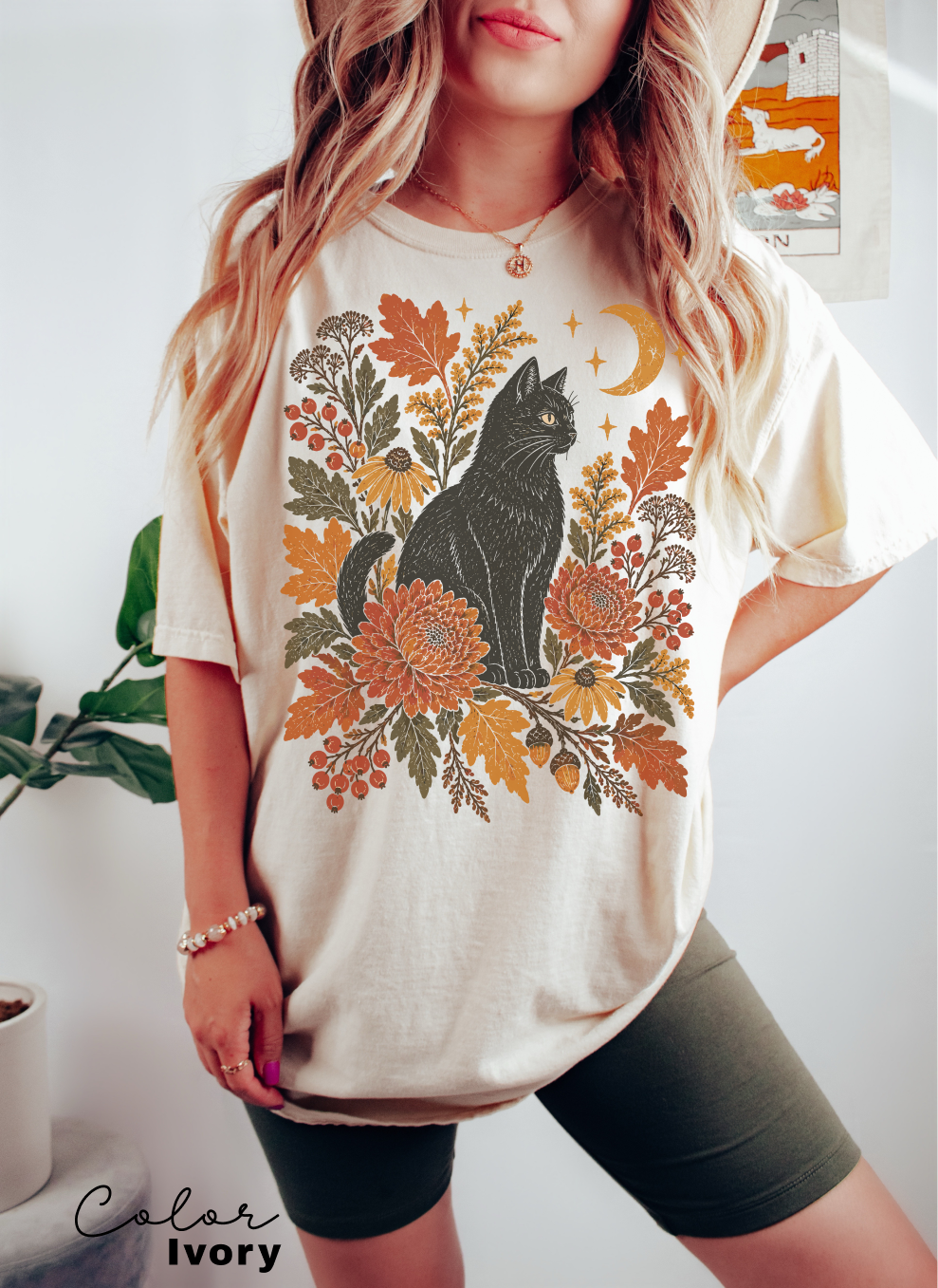 Black Cat Fall Shirt, Autumn Floral Graphic Tee