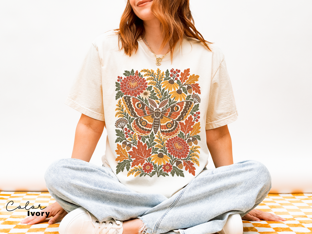 Moth Floral Fall T-Shirt, Vintage Wildflower Shirt