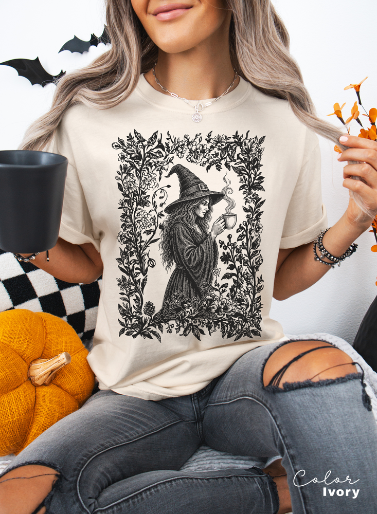 Witch Coffee Lover Shirt, Retro Vintage Floral Style Shirt, Comfort Colors Tee, Halloween