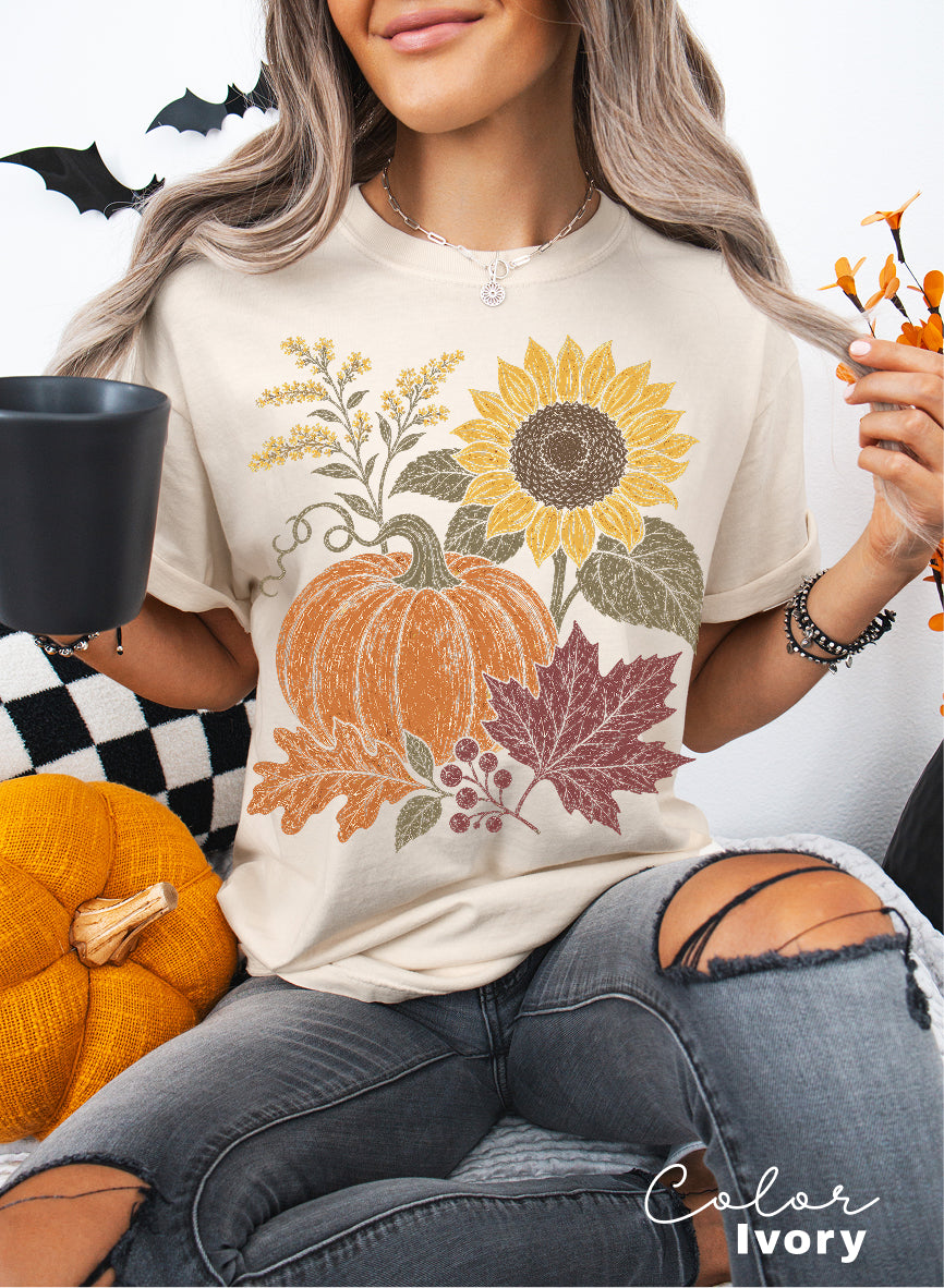 Boho Fall Floral Comfort Colors Shirt, Fall Floral Tshirt, Fall Pumpkin