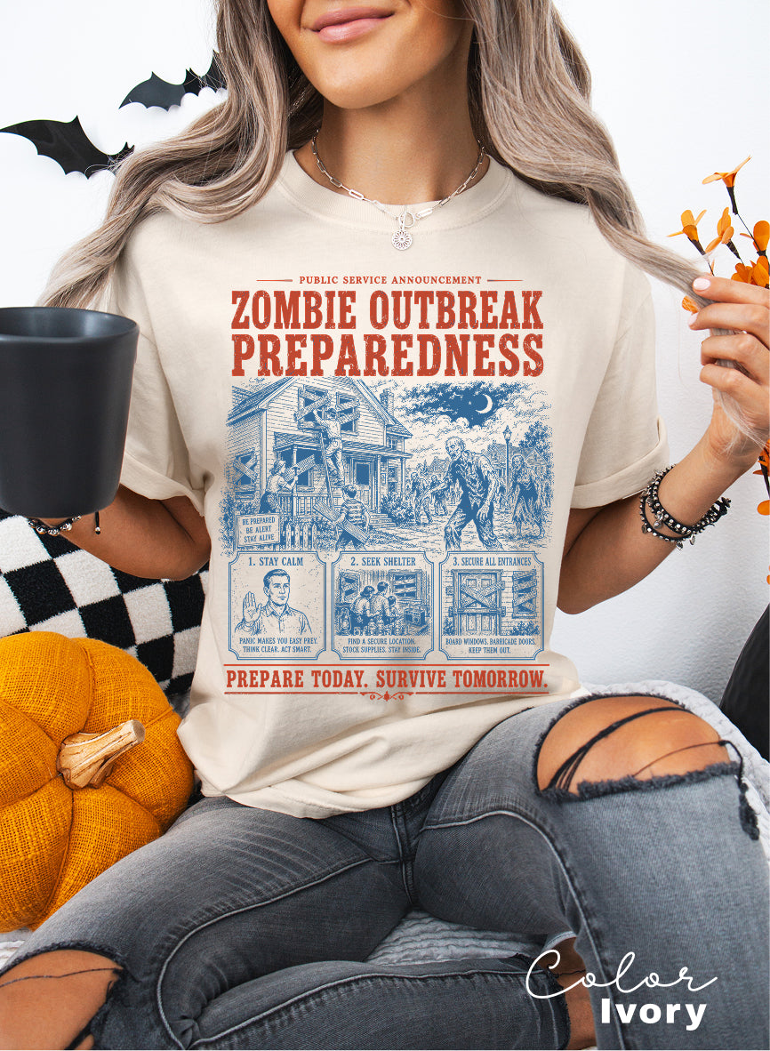 Zombie Outbreak Preparedness T-Shirt, Fake Halloween Public Service Announcement, Retro Halloween