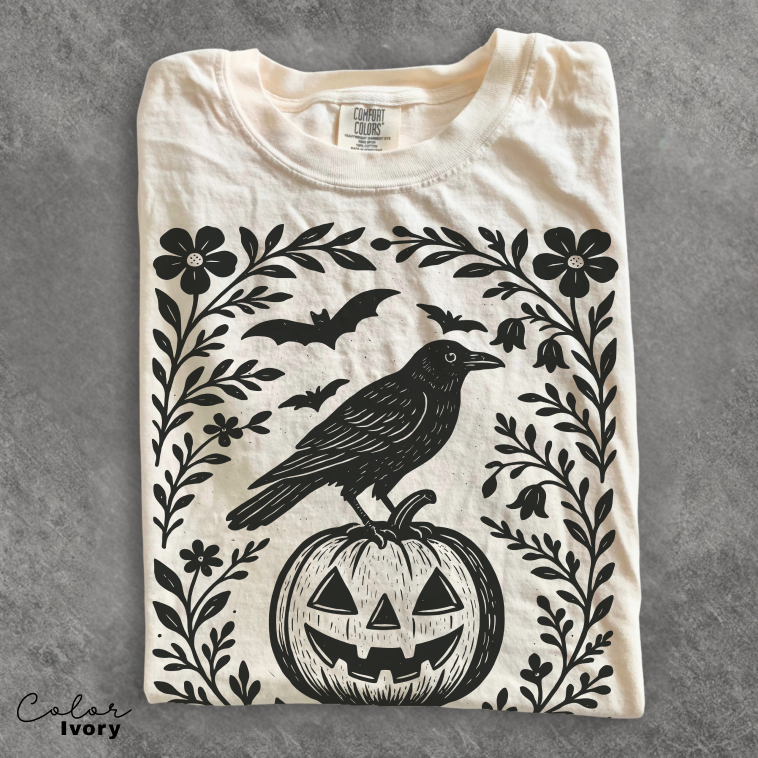 Halloween Crow Pumpkin Shirt with Jack O Lantern, Oversized Crewneck Tee