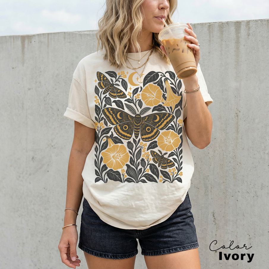 Vintage Moth Shirt, Retro Botanical Flower Tee, Cottagecore Nature, Comfort Colors Tee