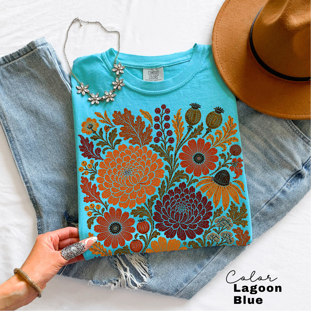 Fall Floral T-Shirt, Comfort Colors Tee, Botanical Art Shirt, Boho Cottagecore Shirt