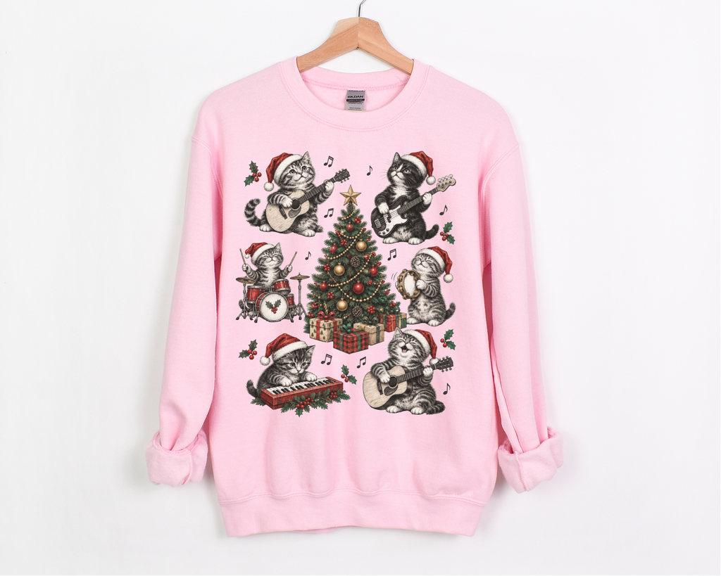 Christmas Cat Sweatshirt, Holiday Cat Crewneck, Cute Cat Music Sweater