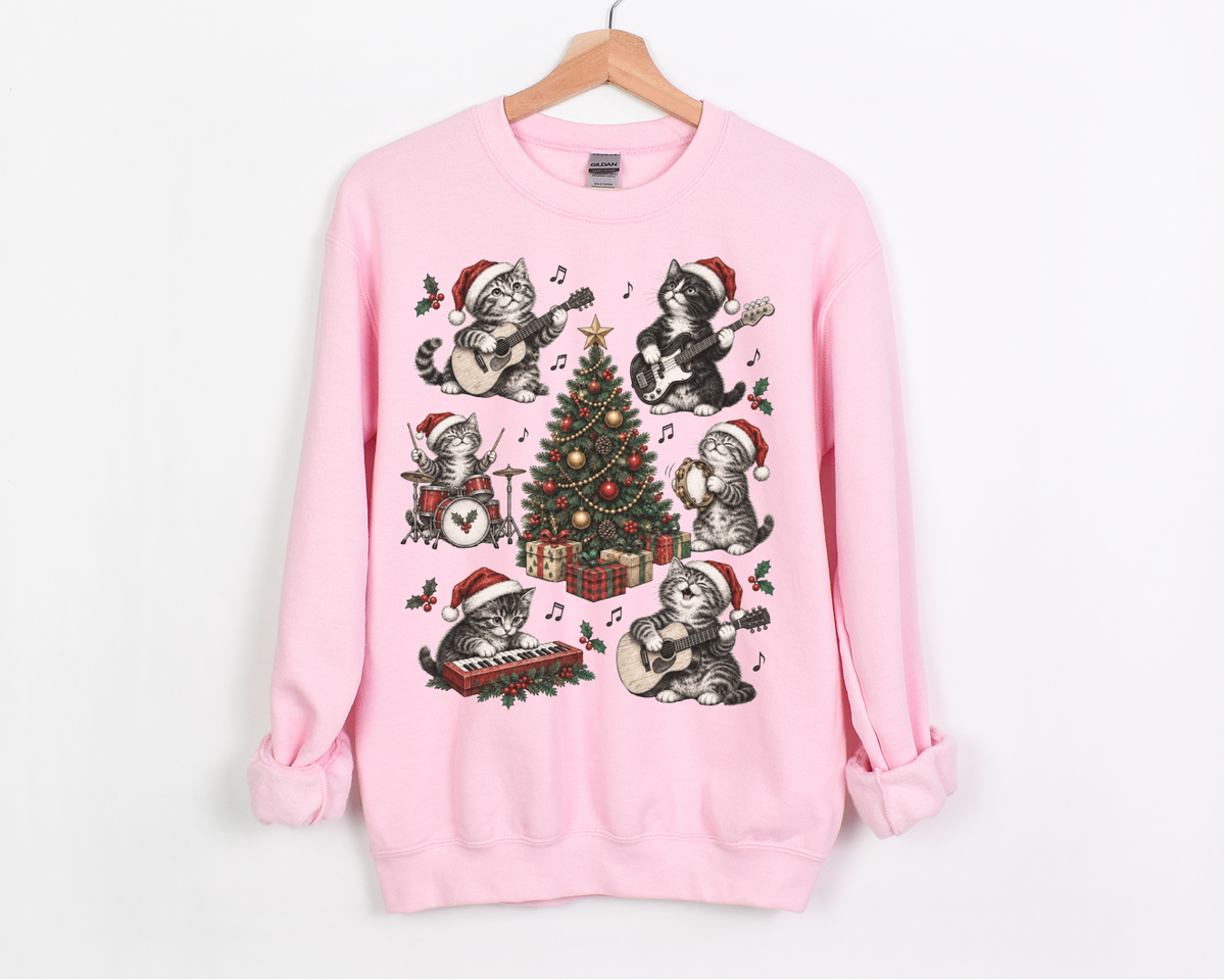 Christmas Cat Sweatshirt, Holiday Cat Crewneck, Cute Cat Music Sweater