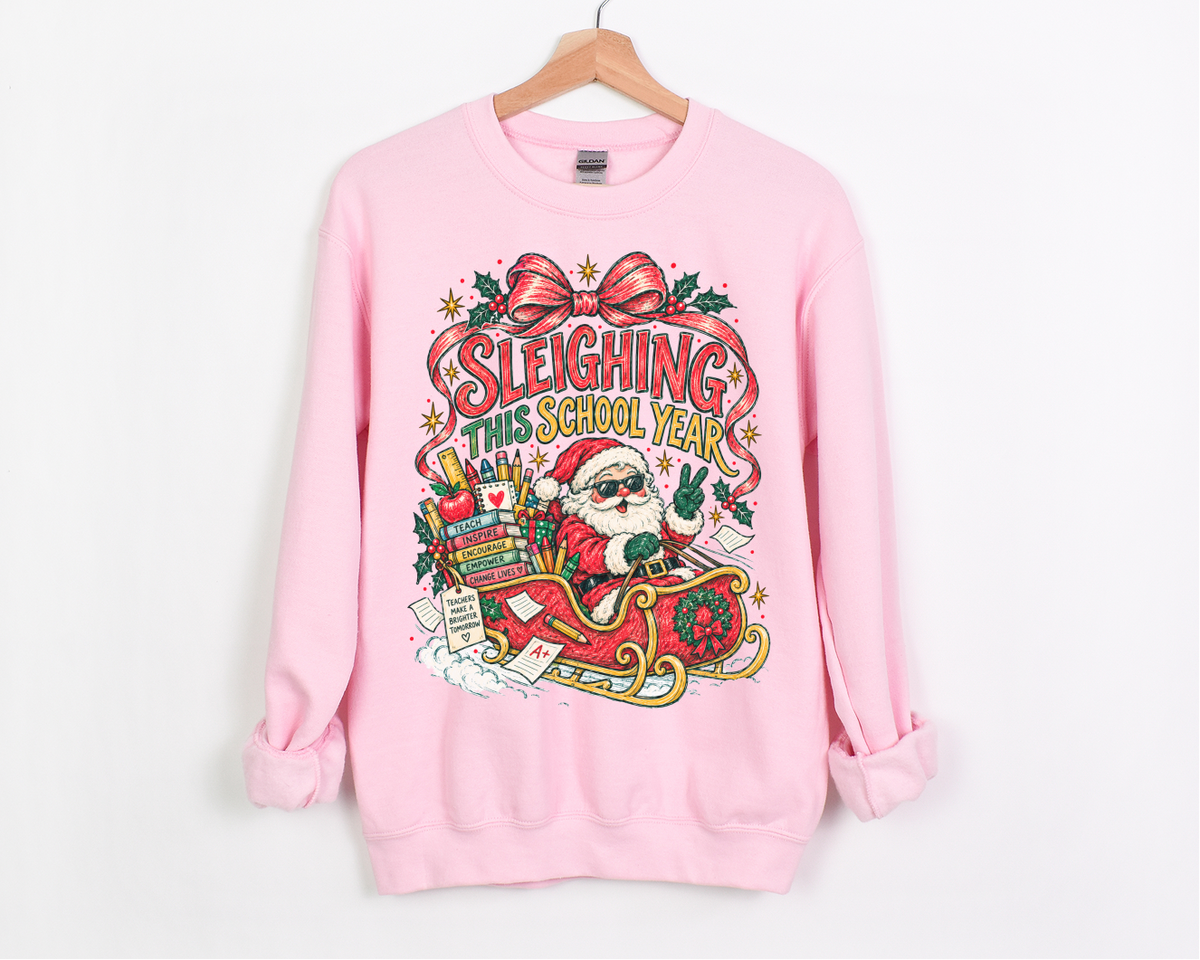 Teacher Christmas Santa Sweatshirt, Sleighing This School Year Teacher Crewneck, Holiday Teacher Pullover, Festive School Crewneck
