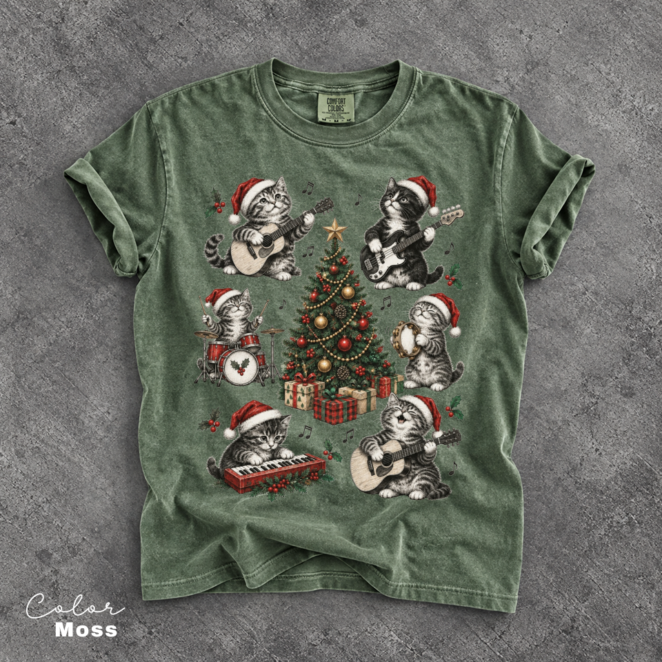 Christmas Cat Music Shirt, Cat Rock Shirt, Christmas Tree Shirt